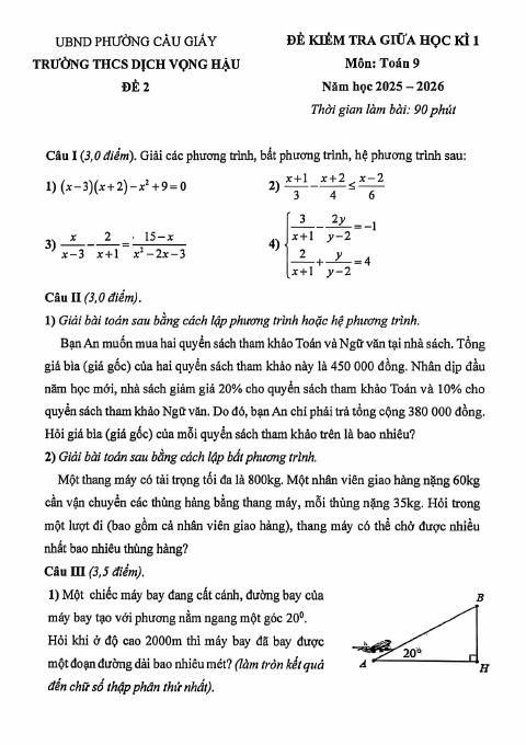Đề thi Giữa kì 1 Toán 9 năm 2025-2026 trường THCS Dịch Vọng Hậu (Hà Nội)